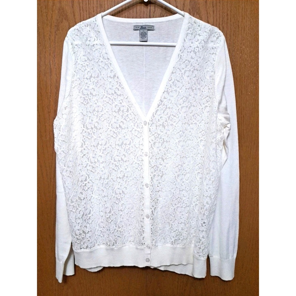 Bass Women's Ivory Cotton Blend Long Sleeve Cardigan Woven Fabric Fronf Size XL